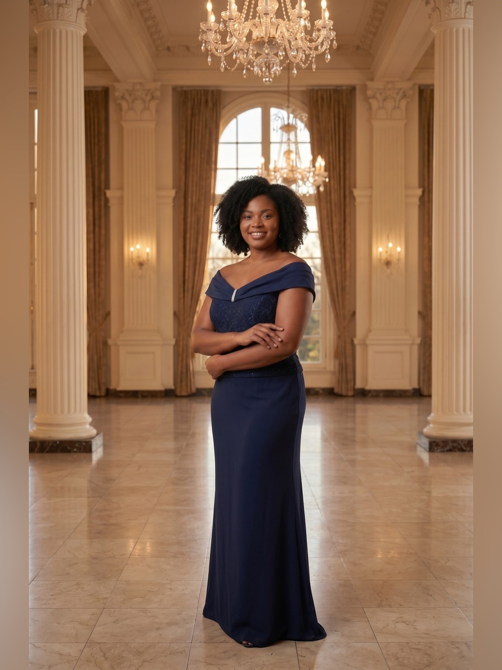 Elegant Navy Off-Shoulder Evening Gown Size 16